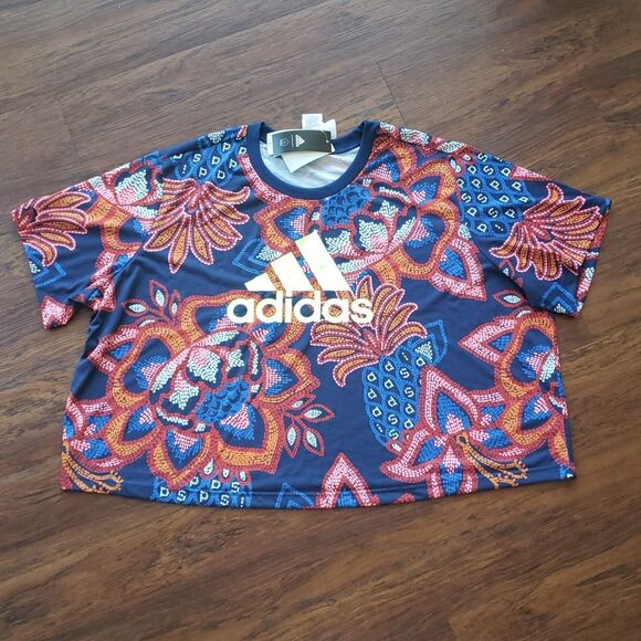 NWT Farm Rio X Adidas Navy Blue Tropical Edgy Oversized Short Sleeve Top Size 4X - Picture 1 of 7